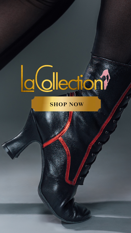 Black high-heeled boot with red accents on a gray background, featuring 'La Collection' branding.